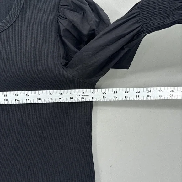 Veronica Beard Jeans Top XL Black Puff Sleeve Smocked Ruffle Cuff Ribbed Shirt